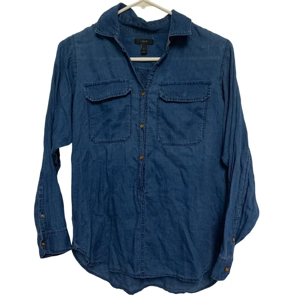 J. Crew Women's Dark Wash Cotton 3/4 Button Up Long Sleeve Size 2